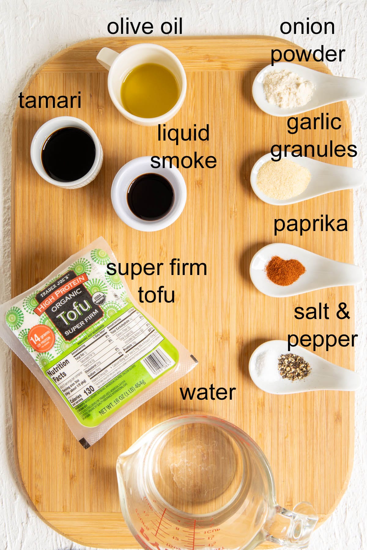 Ingredients on a cutting board with labels.