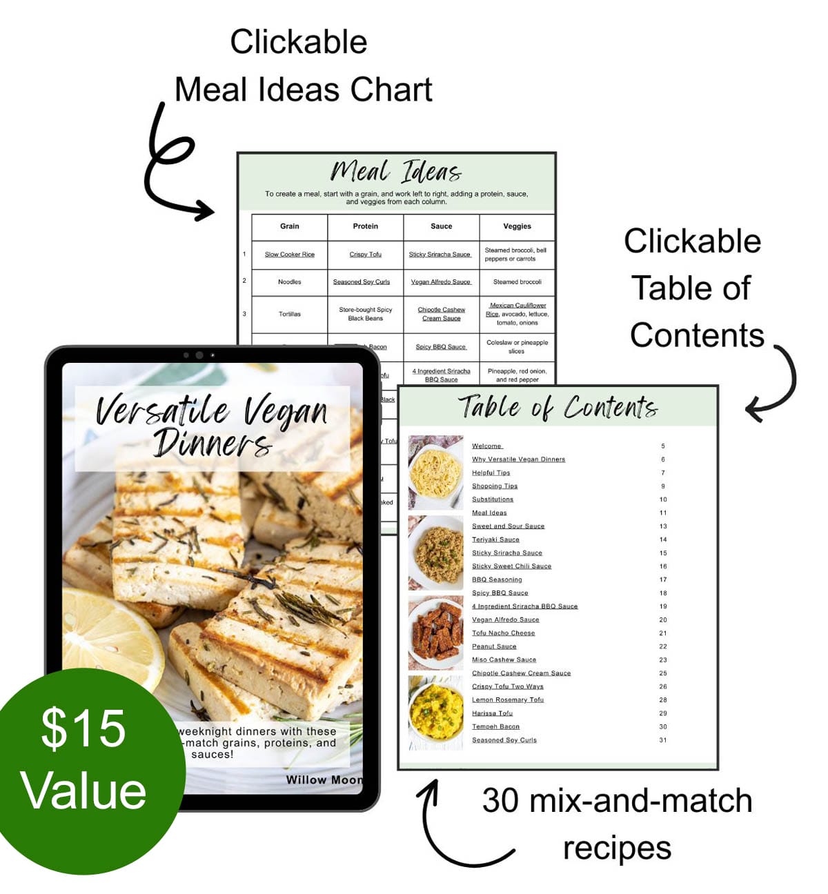 Versatile vegan dinners ebook cover on a tablet with photos of table of contents and a recipe. Text that reads, "clickable meal ideas chart, clickable table of contents, 30 mix-and-match recipes, and $15 value".