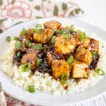 Teriyaki Tofu with Cauliflower Rice on a plate.