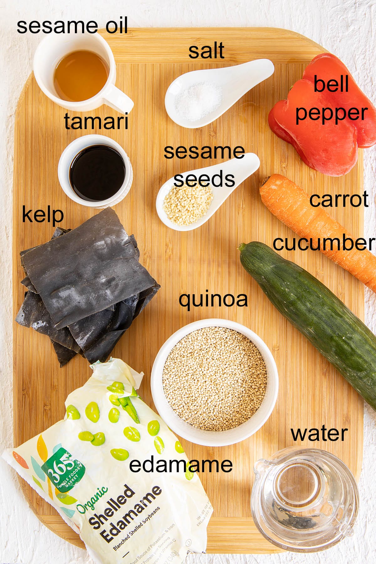 Ingredients on a cutting board with labels.