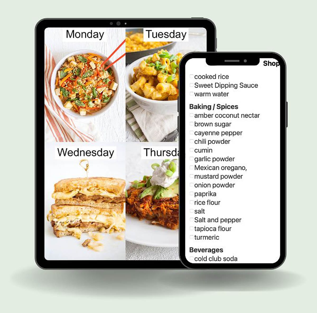 A tablet with 4 photos of dinners and days of the week and a shopping list on a smart phone.