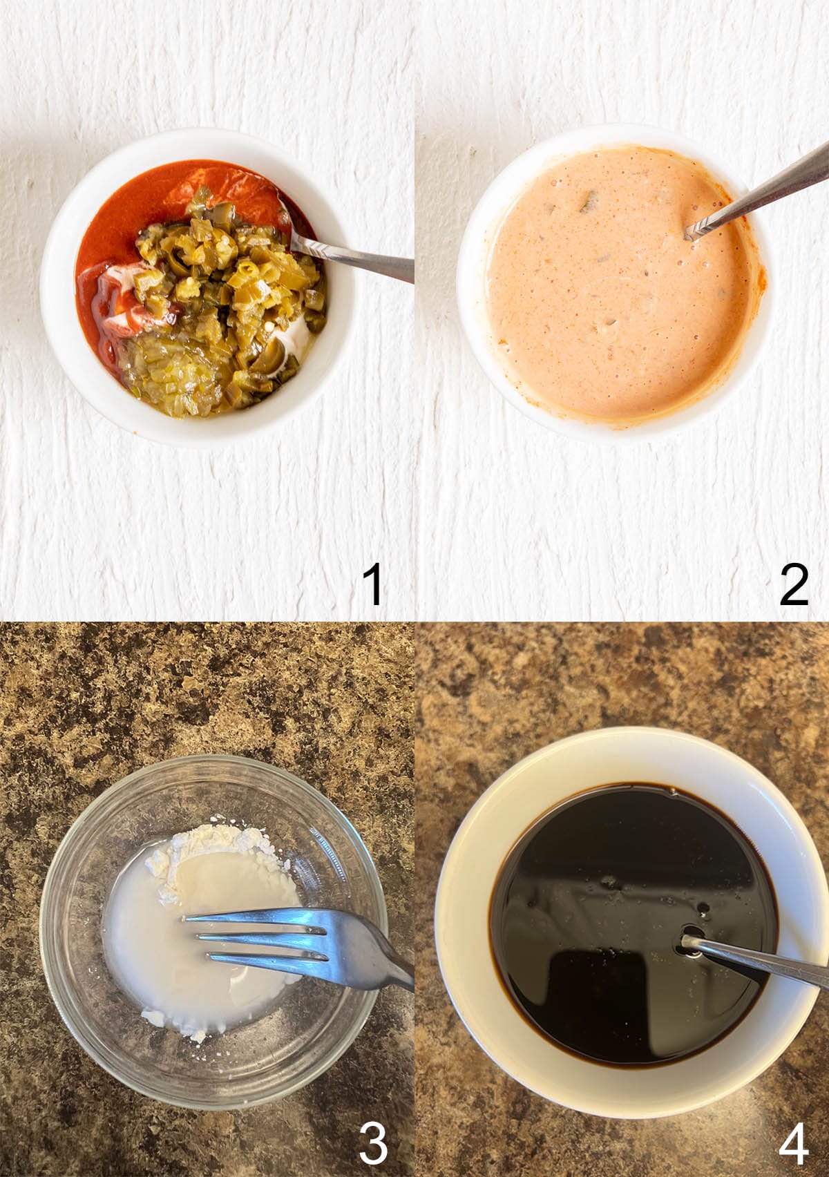 Collage photo of thousand island ingredients in a small bowl, then mixed. Tapioca flour and water in a small bowl with fork. Teriyaki sauce in a small bowl with fork.