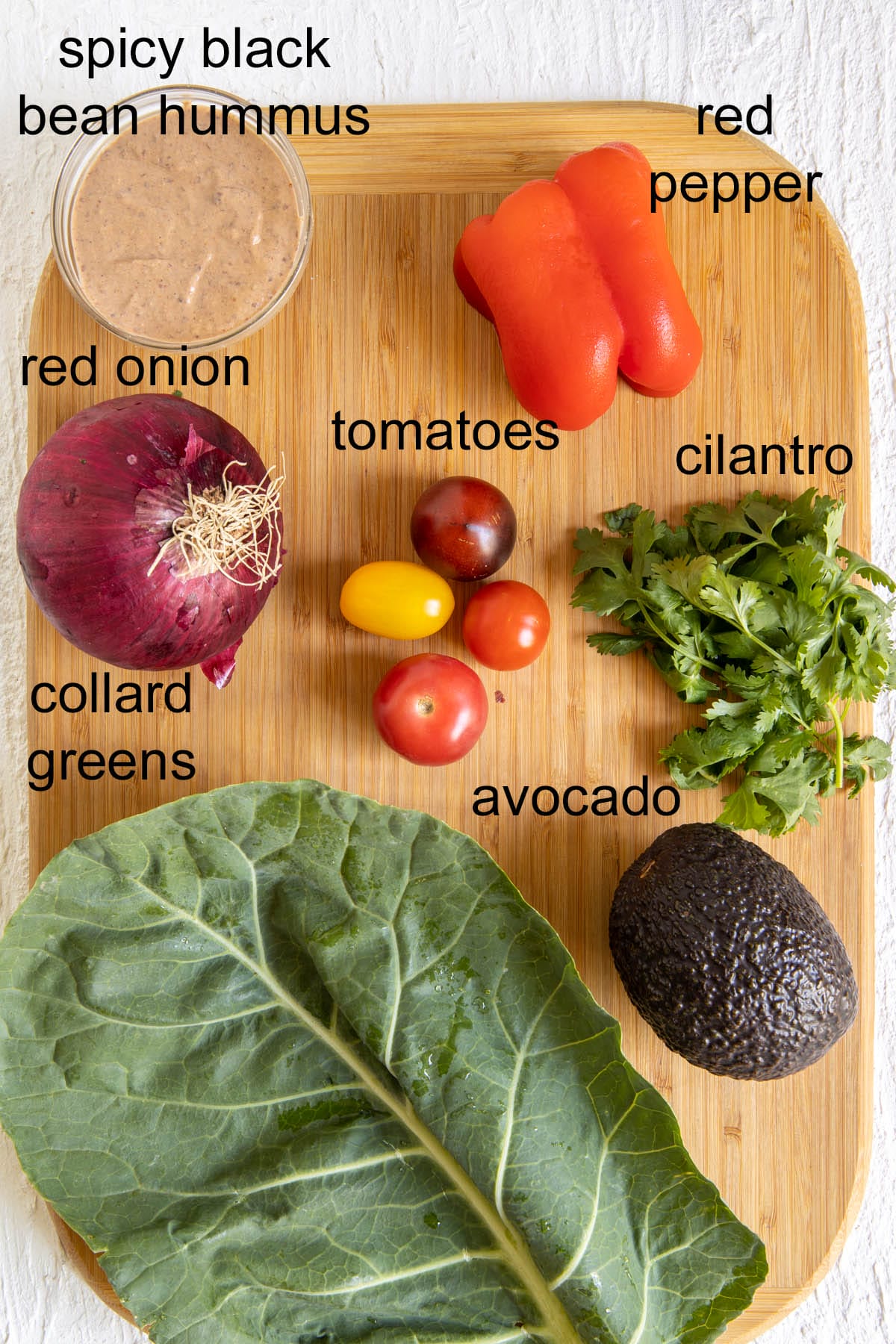 Ingredients on a cutting board with labels.