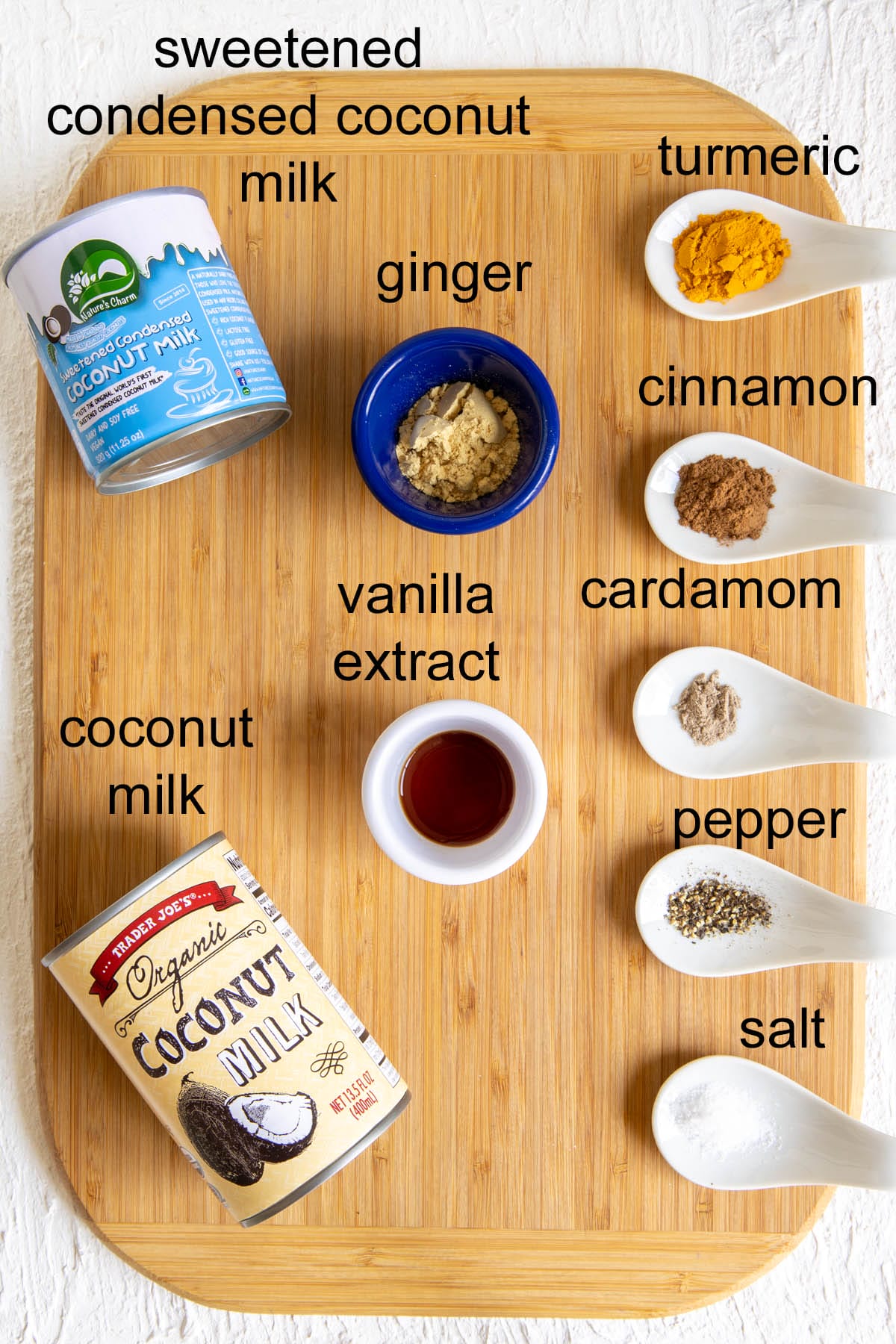 Ingredients on a cutting board with labels.