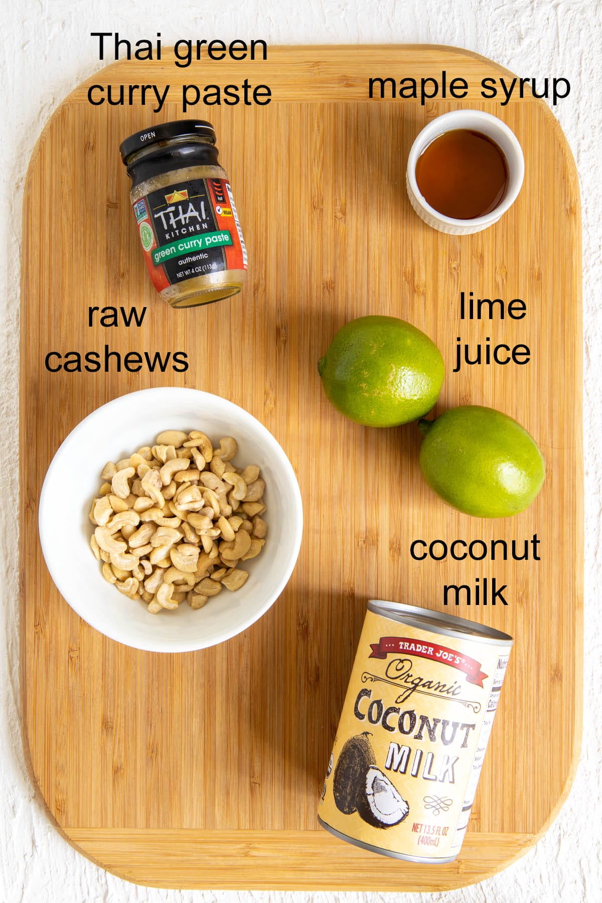 Ingredients on a cutting board with labels.