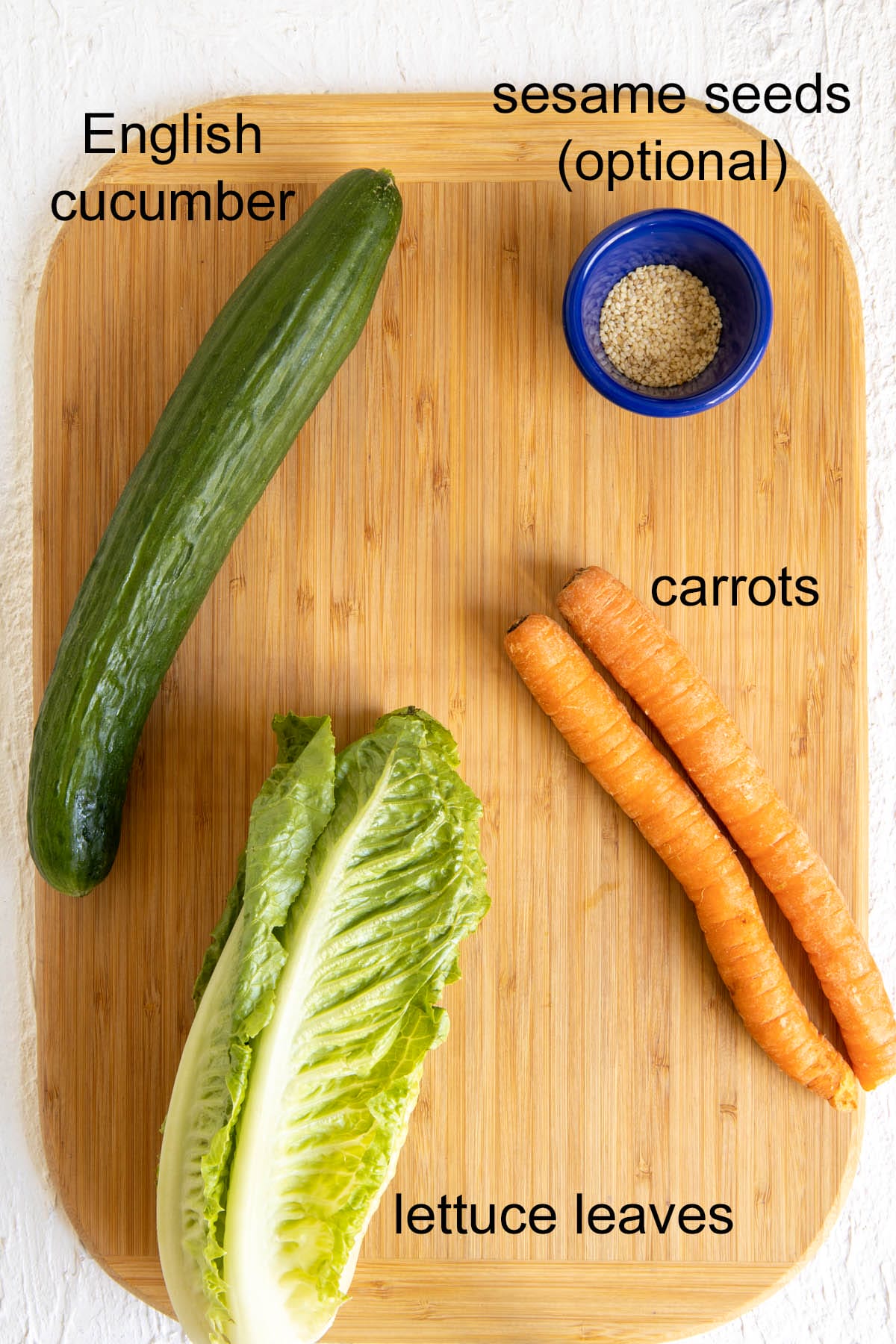 Ingredients on a cutting board with labels.