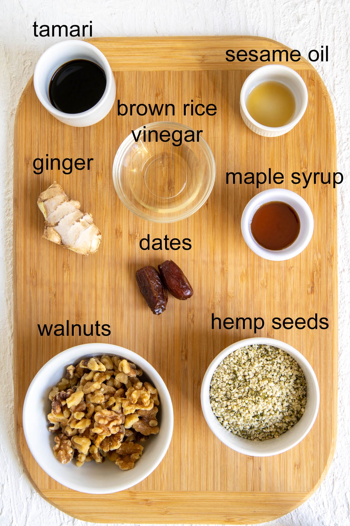 Ingredients on a cutting board with labels.