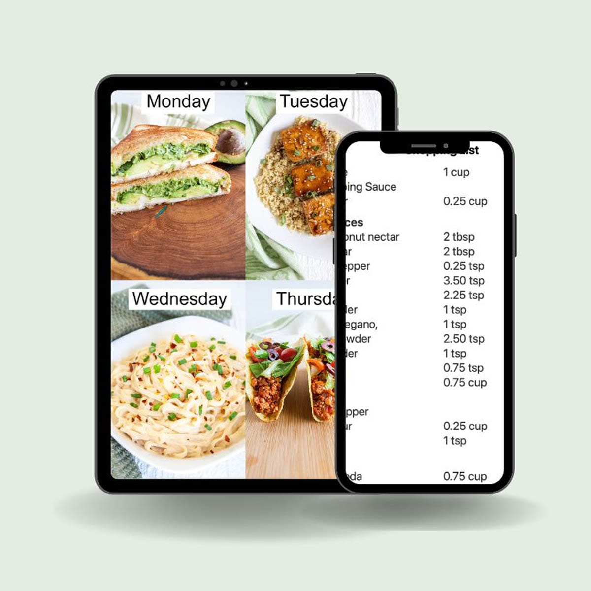 Tablet with photos of weekly meal plan recipes, and iPhone with shopping list.