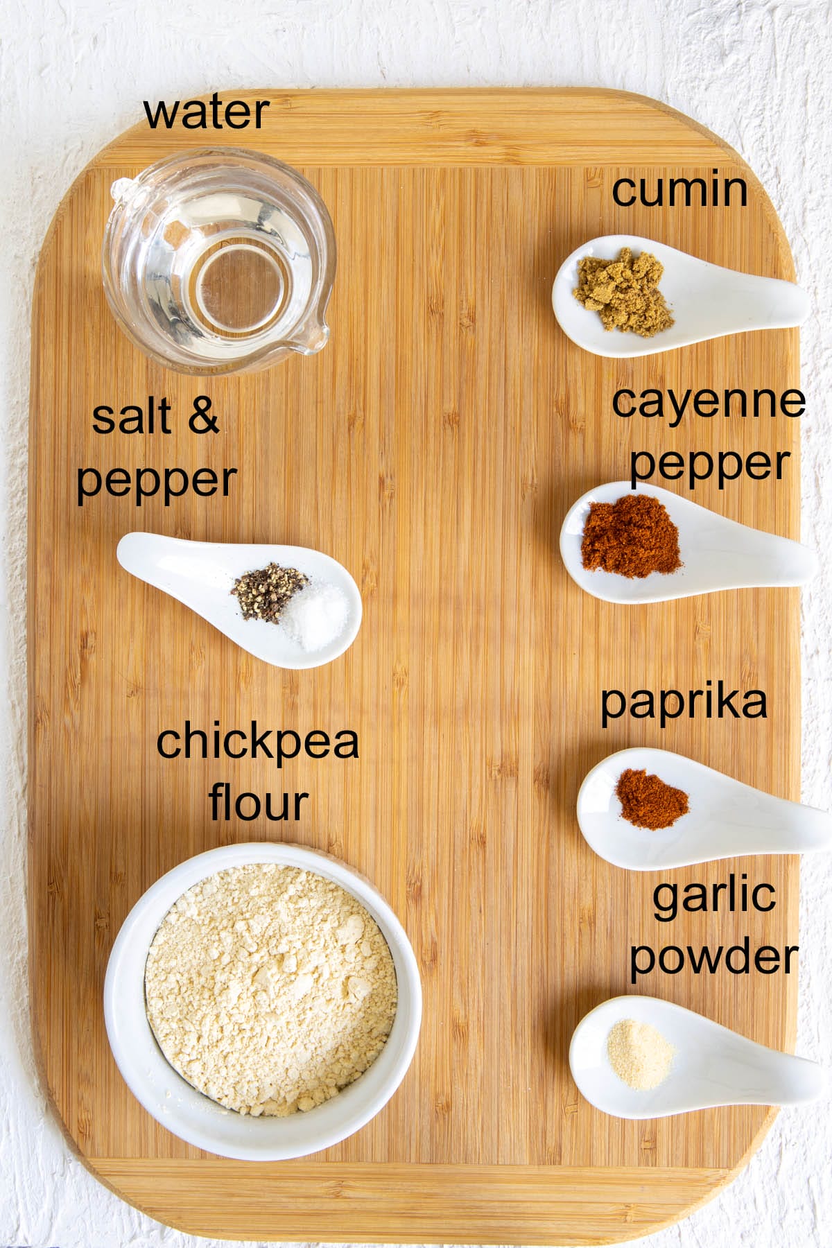 Ingredients on a cutting board with labels.