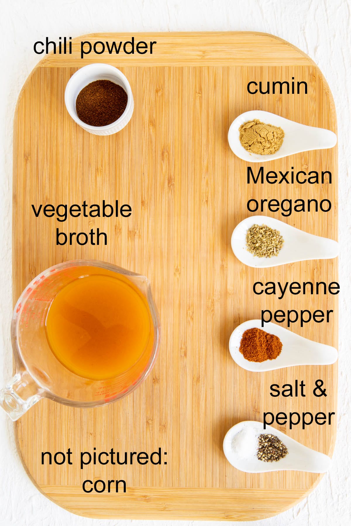 Ingredients on a cutting board with labels.