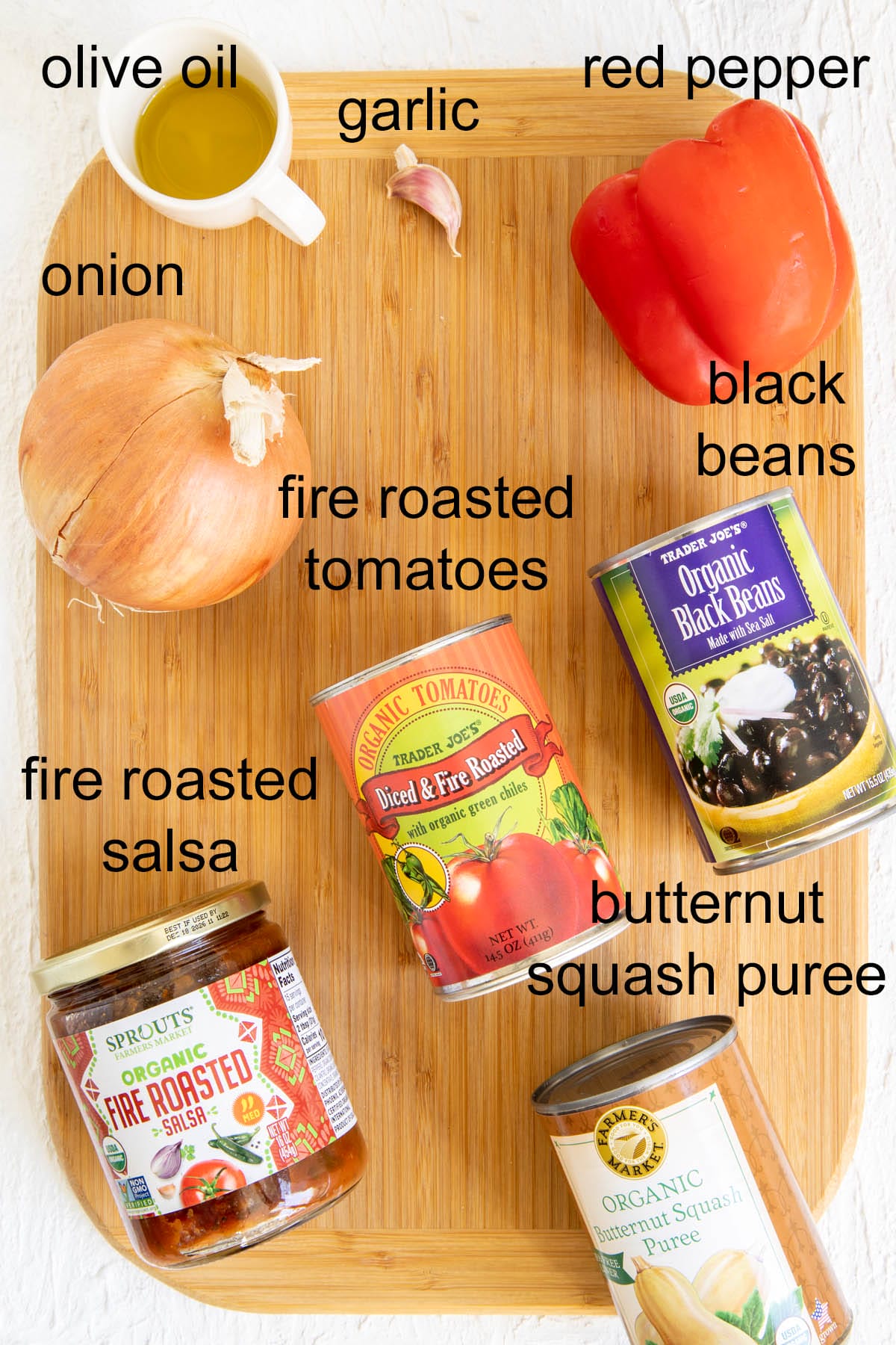 Ingredients on a cutting board with labels.