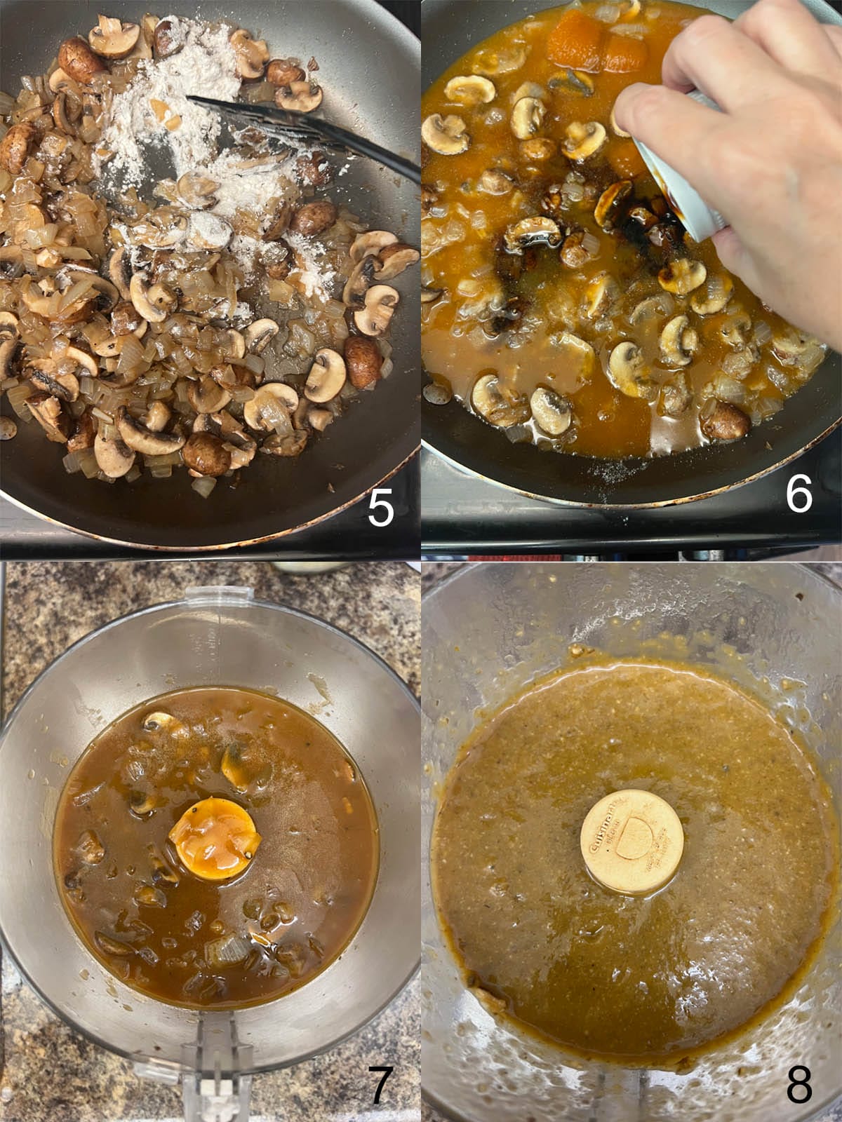 Collage photo of flour added to the pan with mushrooms and onions, then tamari and vegetable broth added, next half of it in a food processor, then blended.