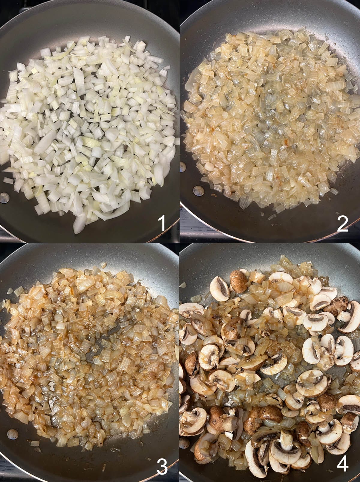Collage photo of chopped onions in a pan, then caramelized, next balsamic vinegar added, and lastly mushrooms added.