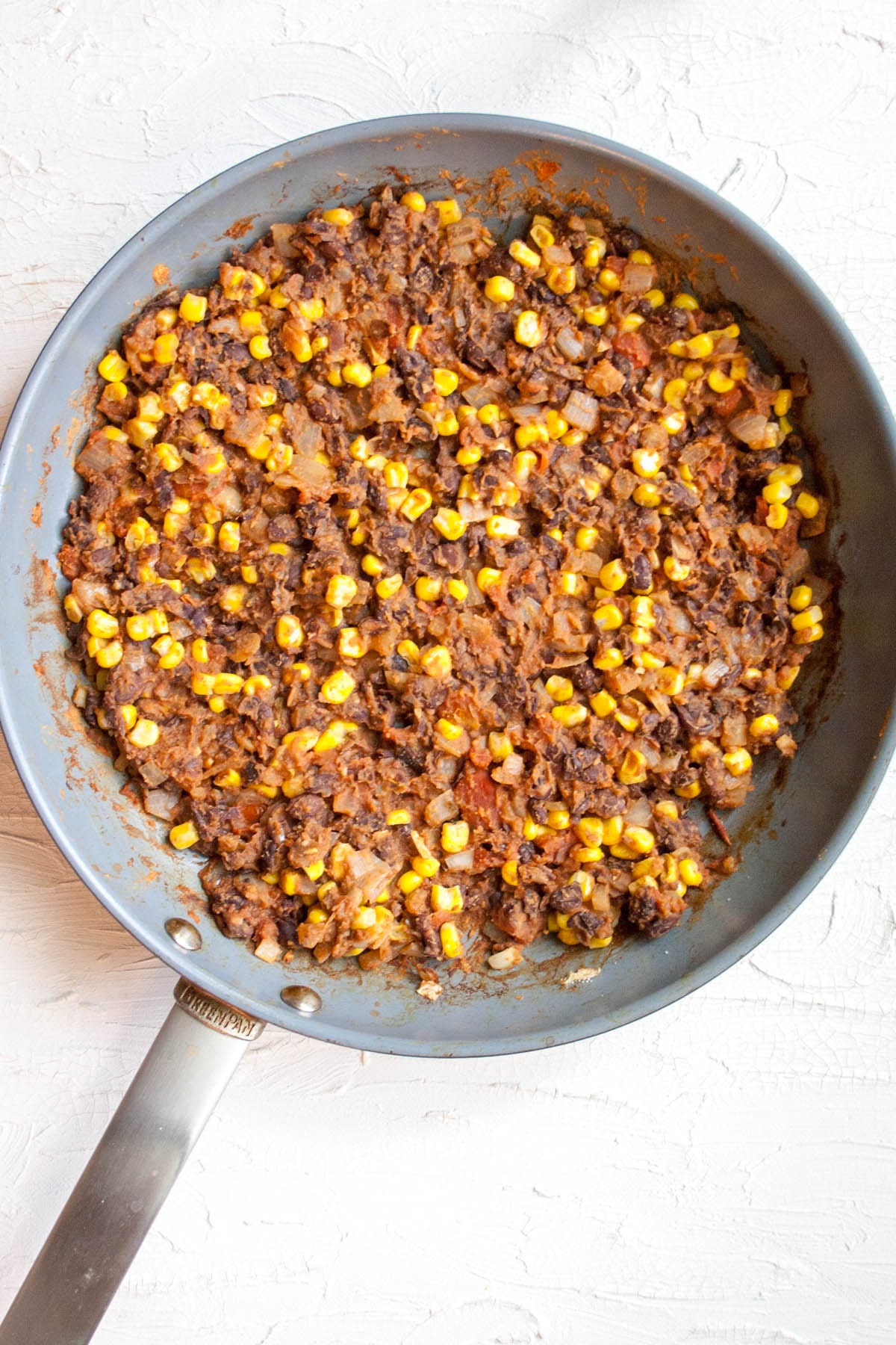 Black bean and corn mixture in a pan.
