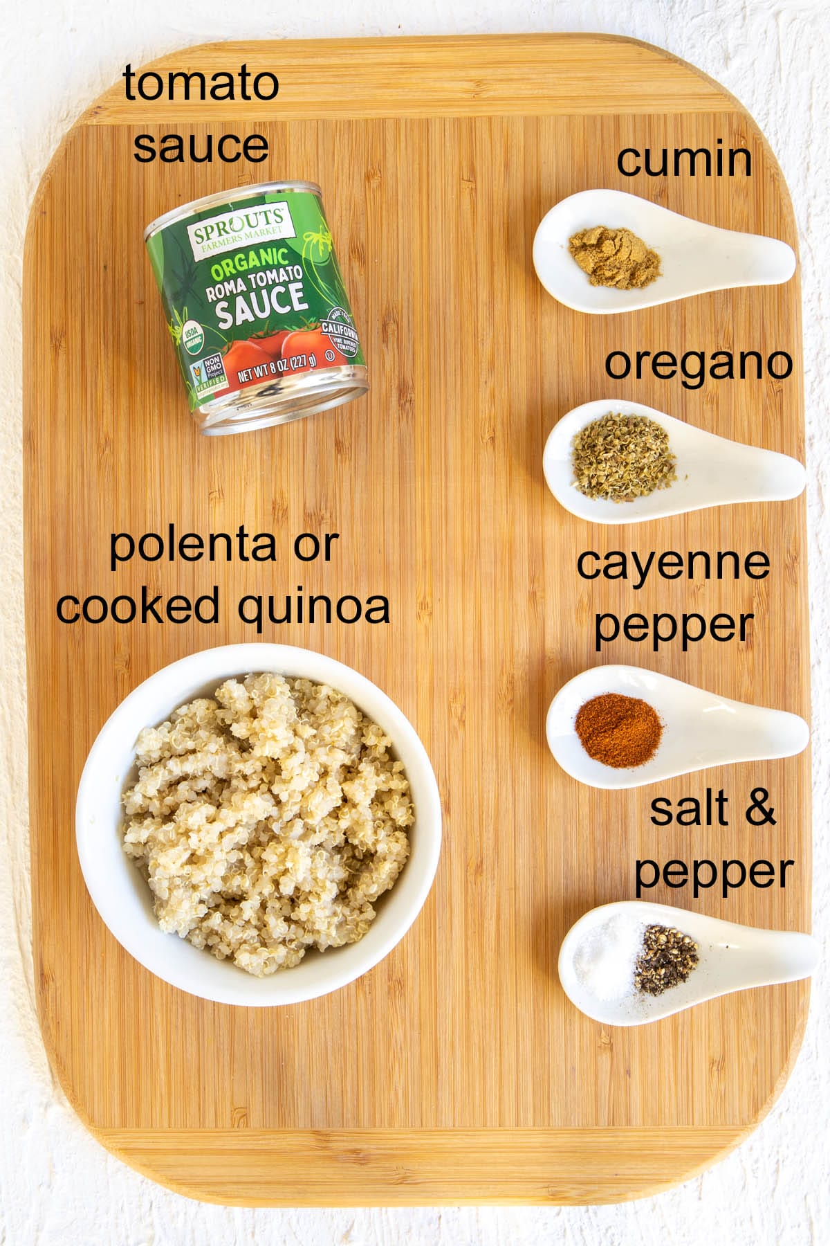 Ingredients on a cutting board with labels.