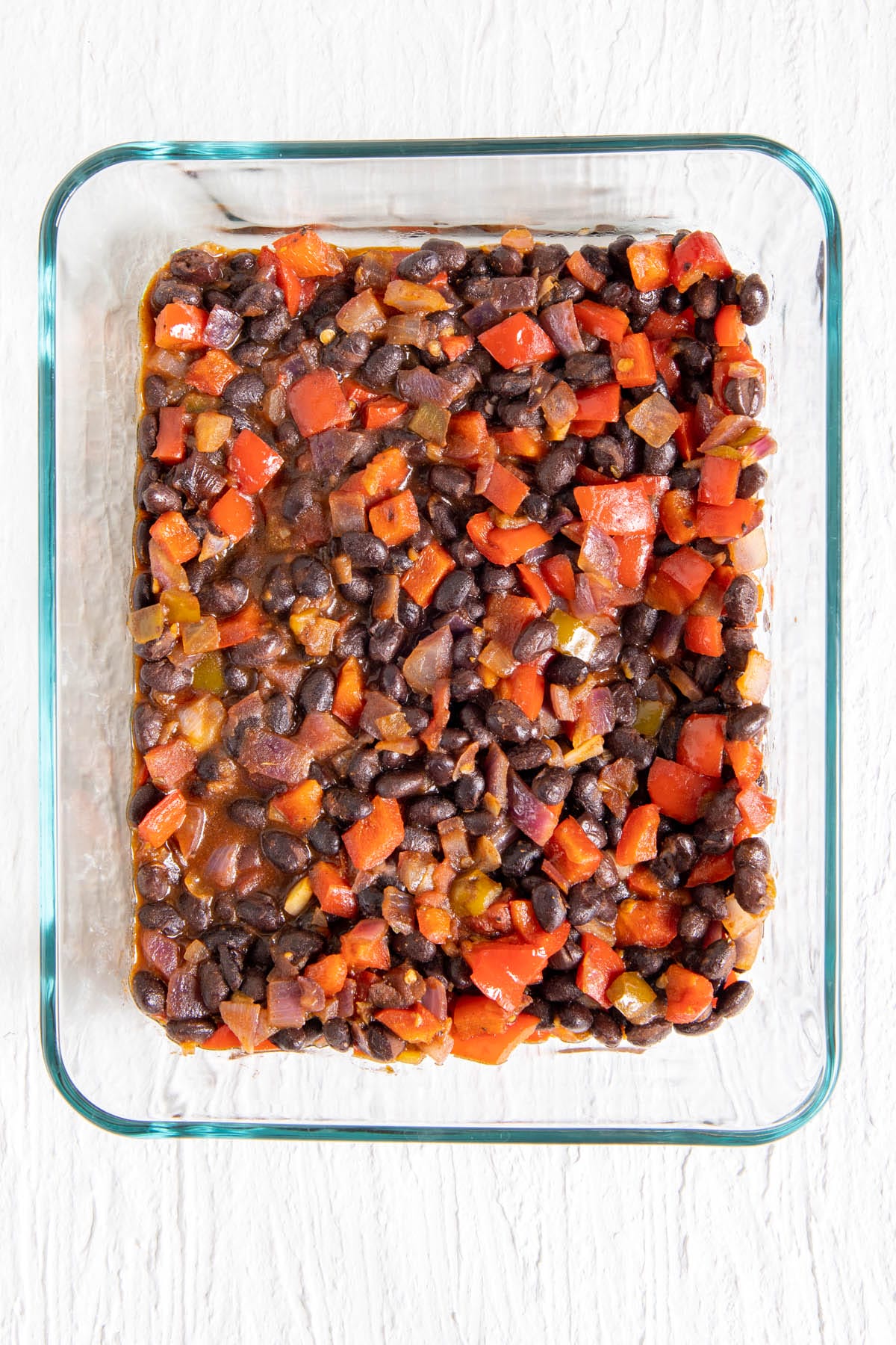 Black bean mixture in a baking dish.
