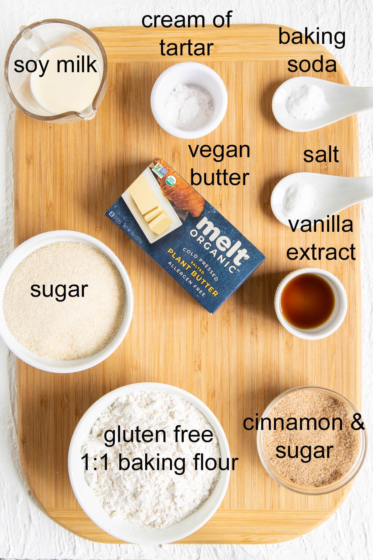 Ingredients on a cutting board with labels.