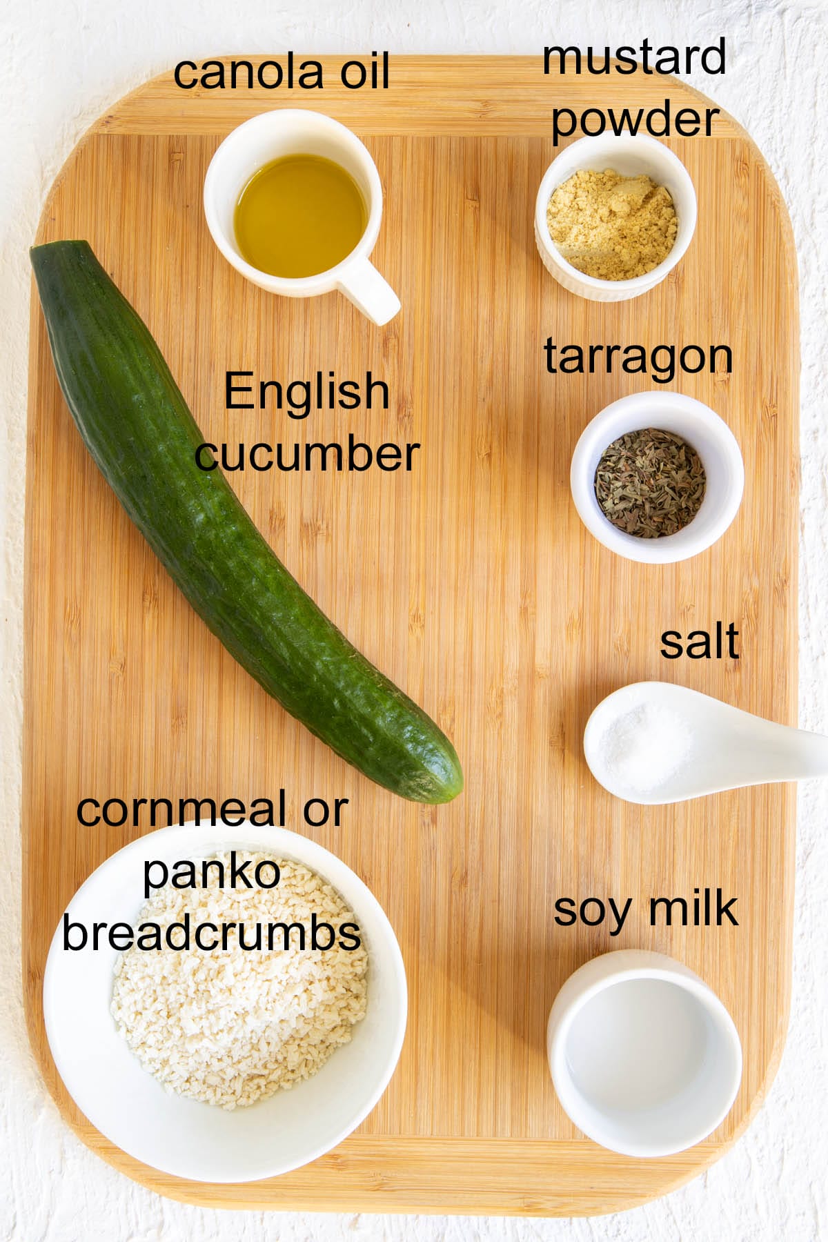 Ingredients on a cutting board with labels.