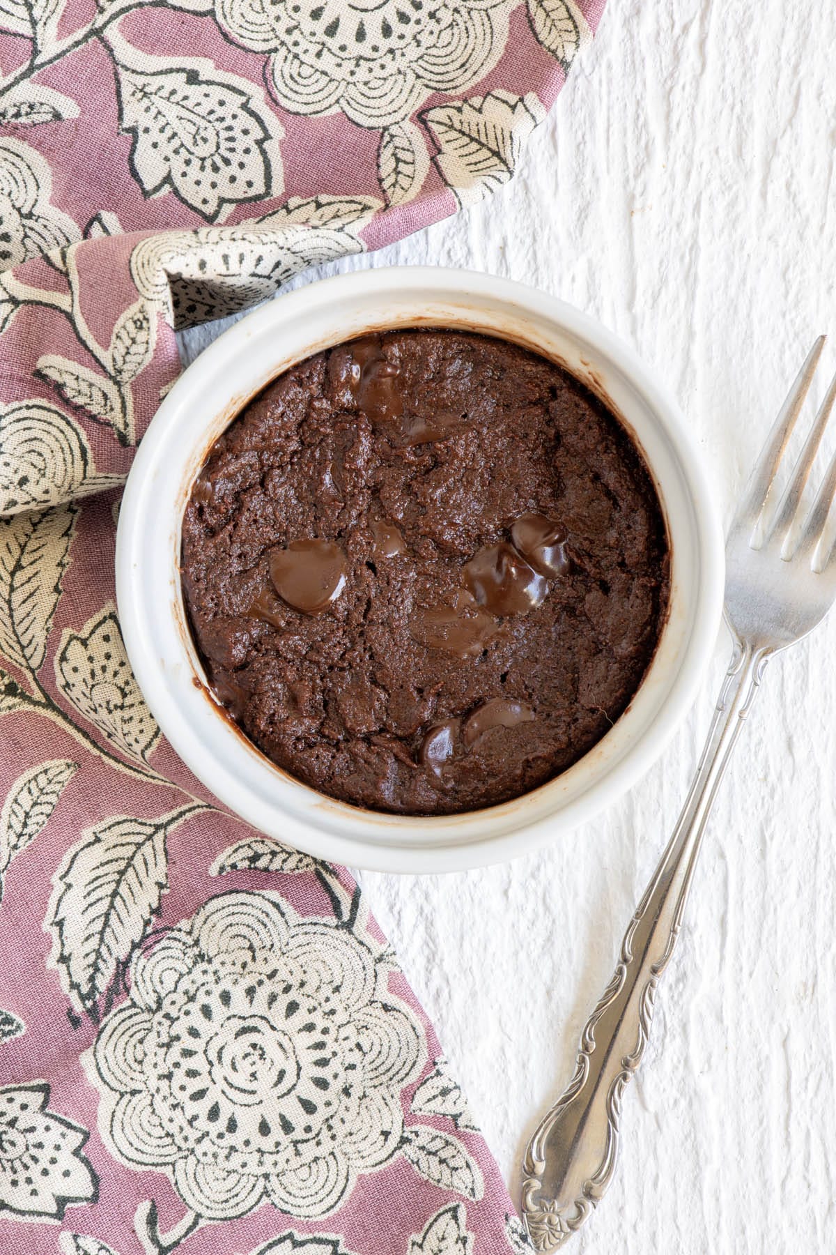 Vegan Mug Brownie in a bowl with fork.