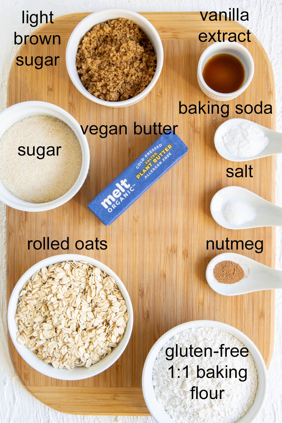 Ingredients on a cutting board with labels.