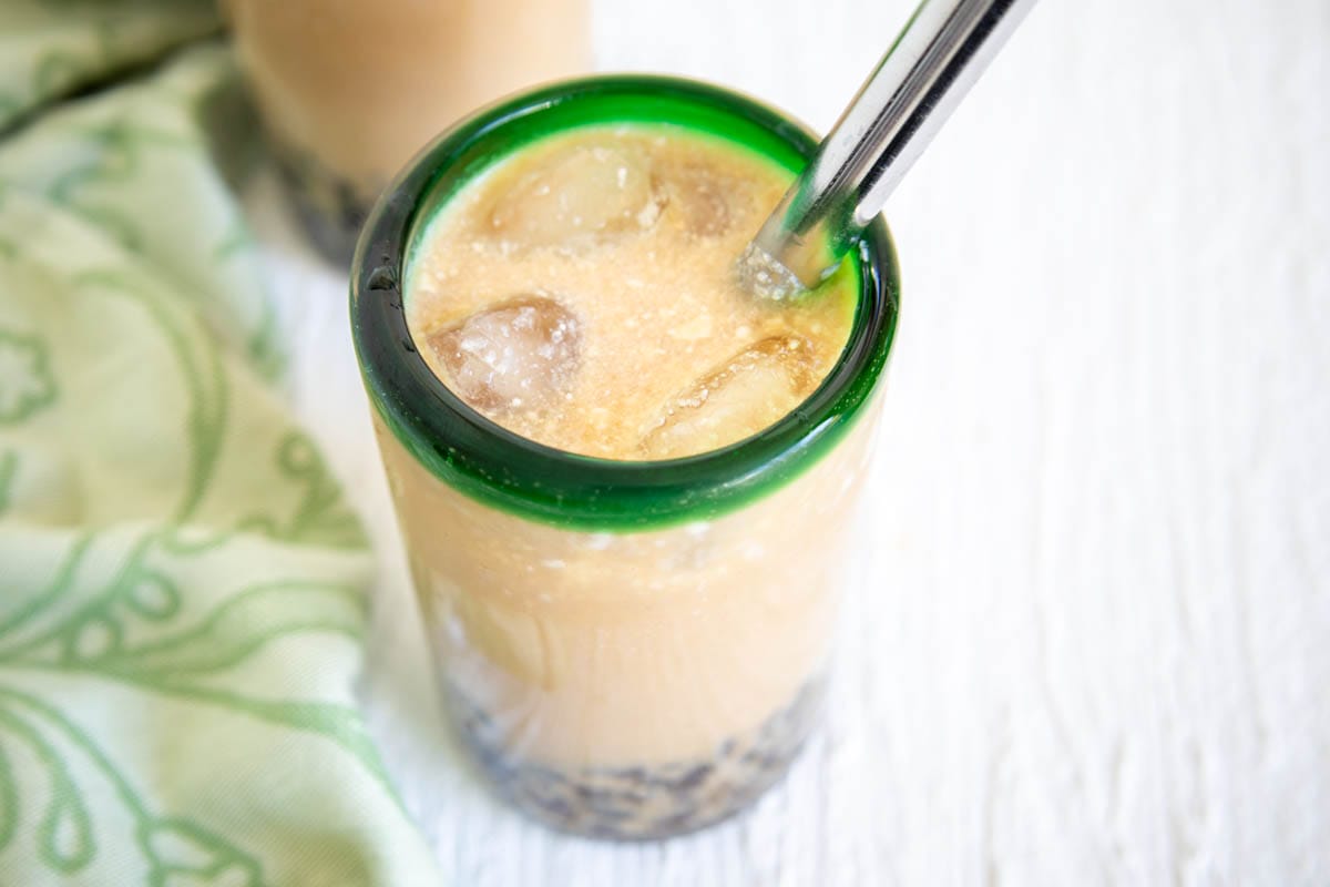 Pumpkin Chickpea Blondies (vegan, gluten free) - These sweet moist bars are a healthy treat. You would never know there's chickpeas in them. #chickpeablondies #pumpkinblondies Coconut Bubble Tea in two glasses with straw.