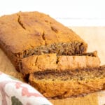 Vegan Gluten Free Banana Bread on a cutting board.