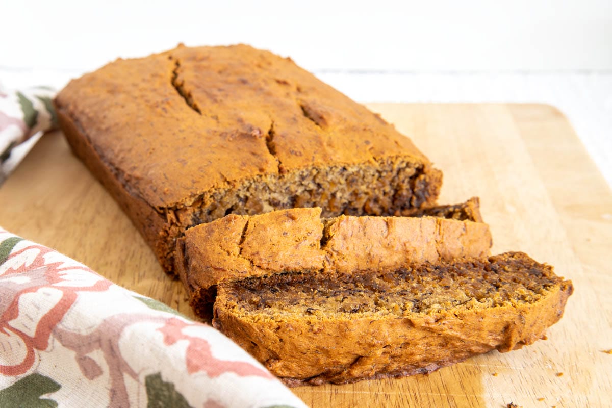 Vegan Gluten Free Banana Bread on a cutting board.