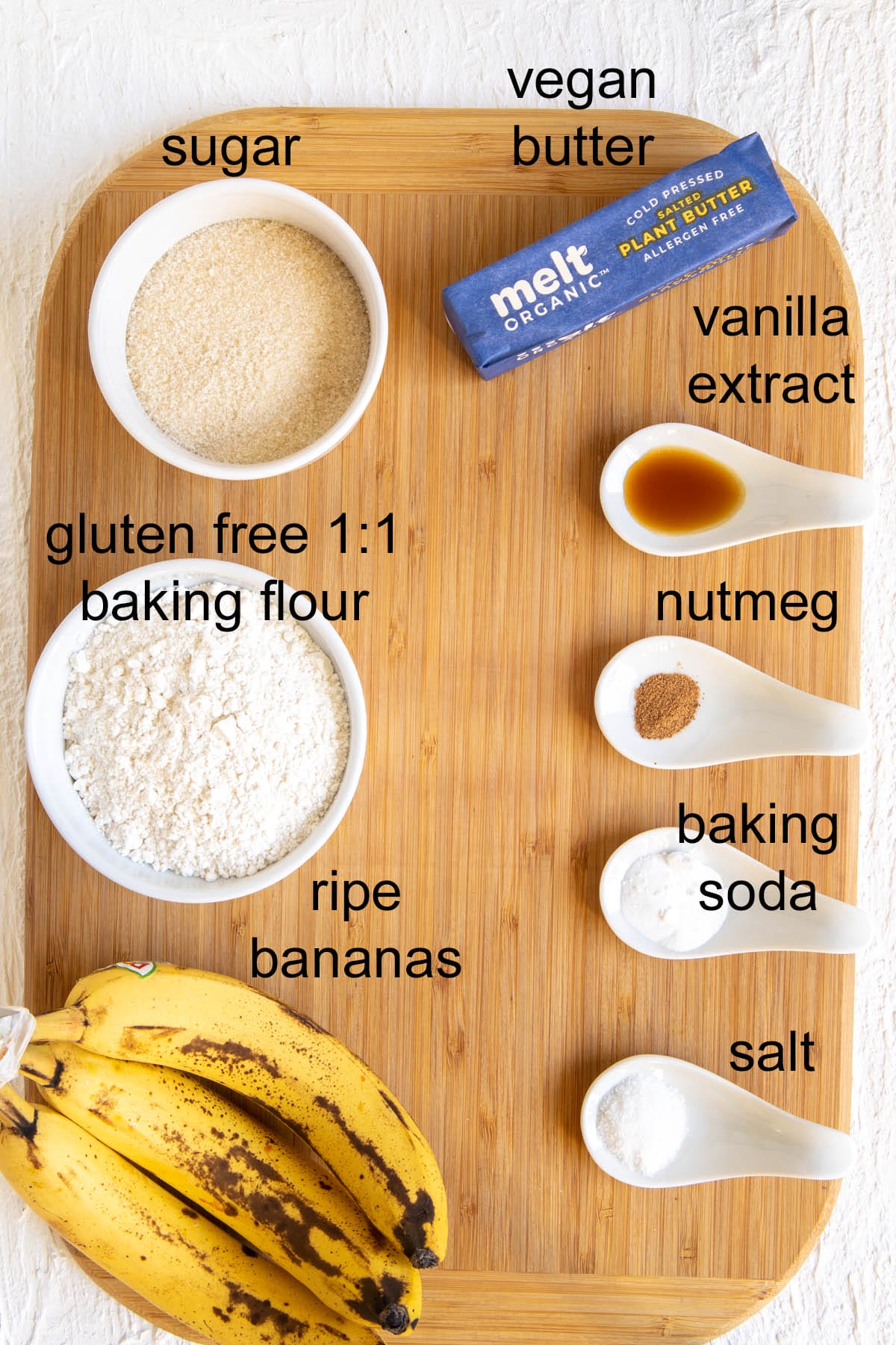 Ingredients on a cutting board with labels.