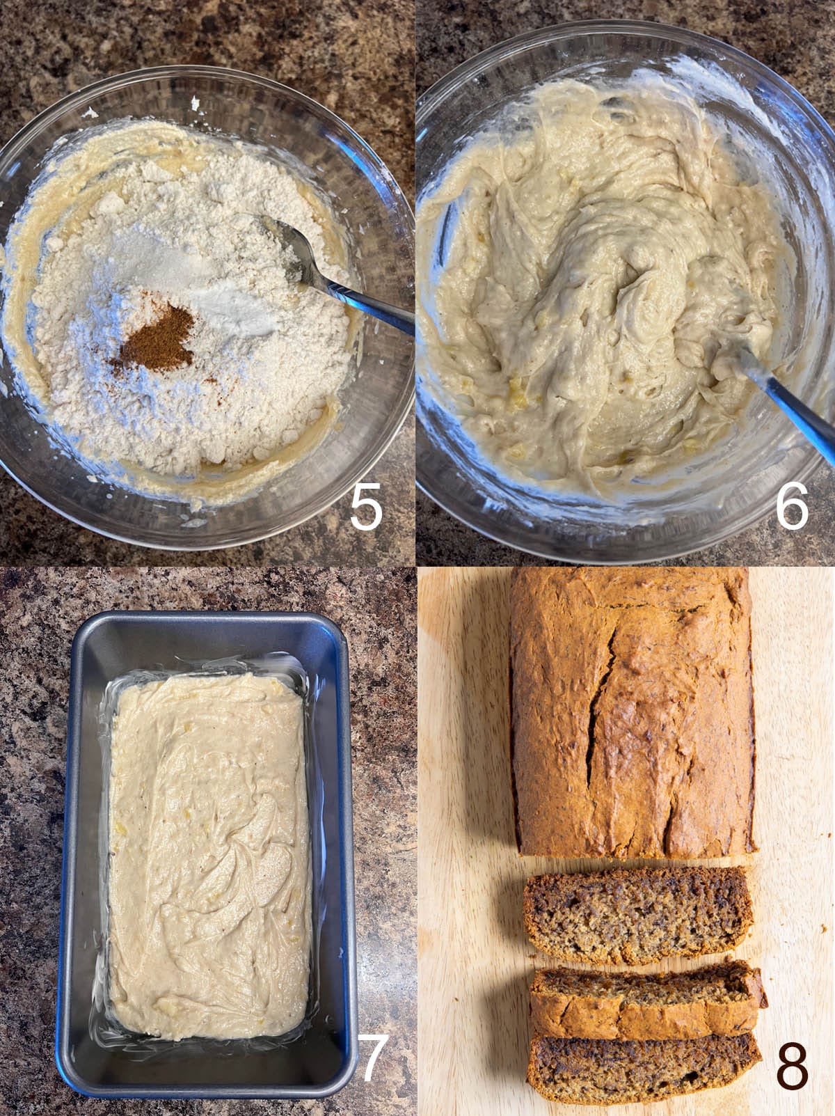 Collage photo of dry ingredients added to the bowl, then mixed, then poured into a loaf pan, then baked.
