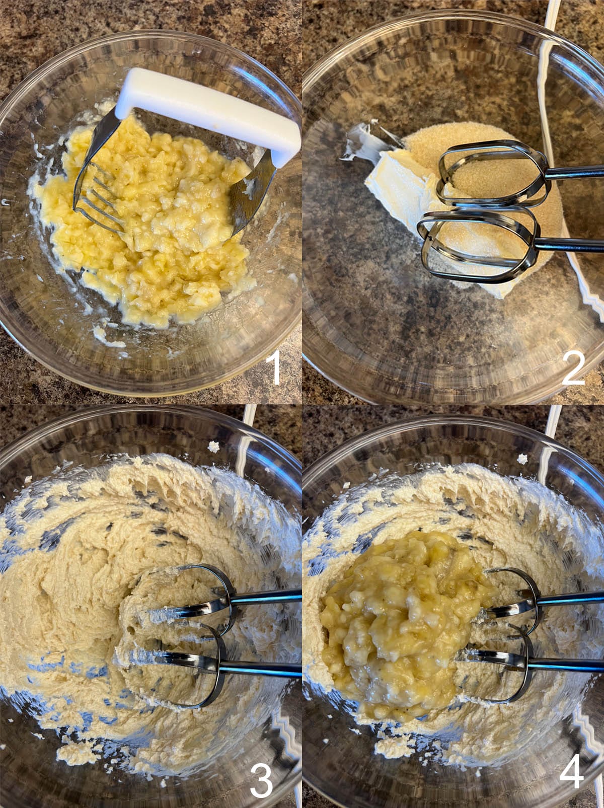 Collage photo of banana being mashed, sugar and vegan butter in a bowl, then being creamed, and banana added.