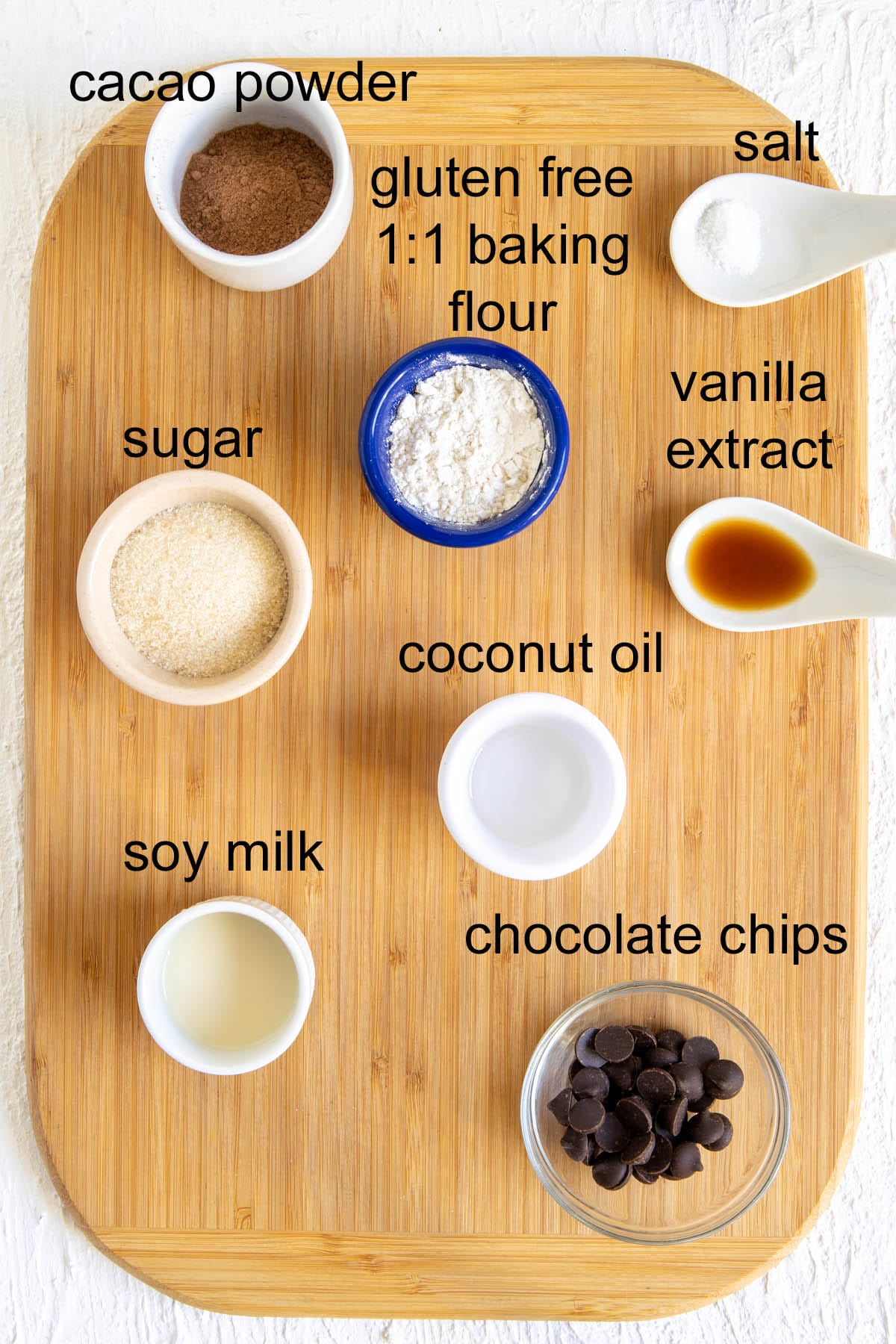 Ingredients on a cutting board with labels.