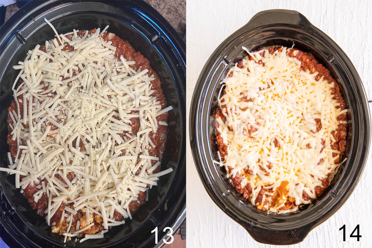 Collage photo of vegan cheese added to the slow cooker, then cooked.