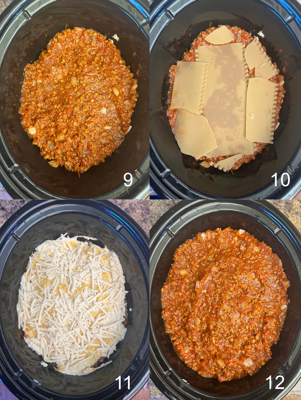Collage photo of sauce added to the slow cooker, then noodles, then vegan cheese, and lastly sauce.