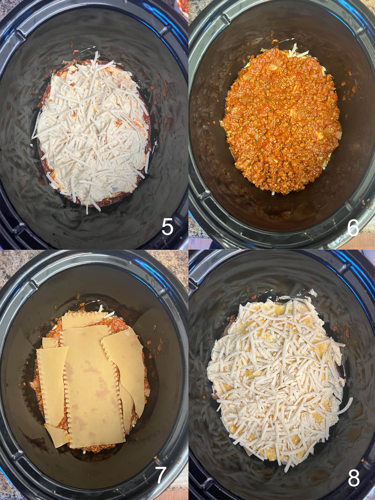 Collage photo of vegan cheese added to slow cooker, then sauce, then noodles, then more vegan cheese.