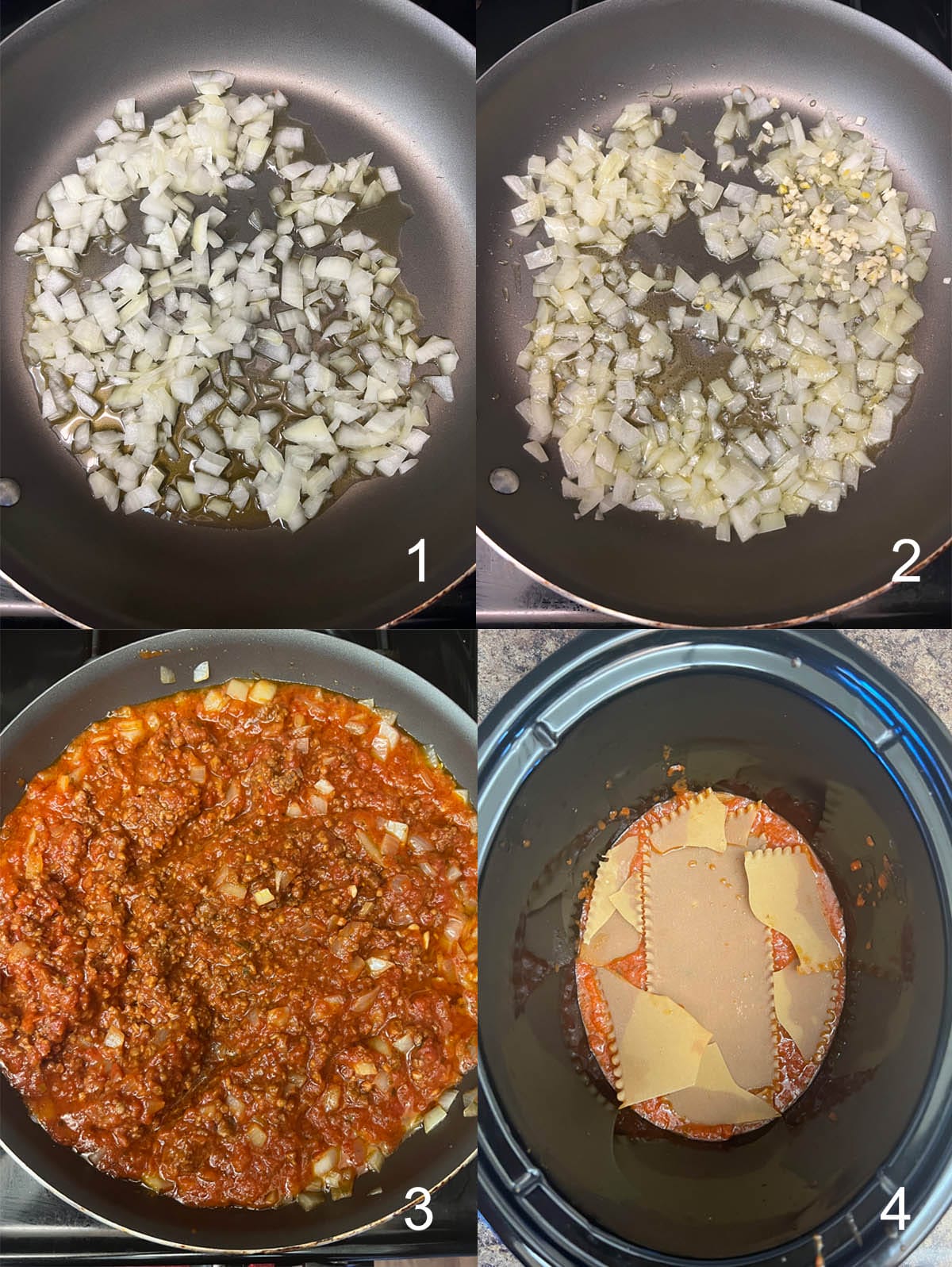 Collage photo of chopped onions in a pan, then garlic added, then diced tomatoes, marinara sauce, and vegan beef crumbles added. Last, sauce added to a slow cooker with no-boil noodles.