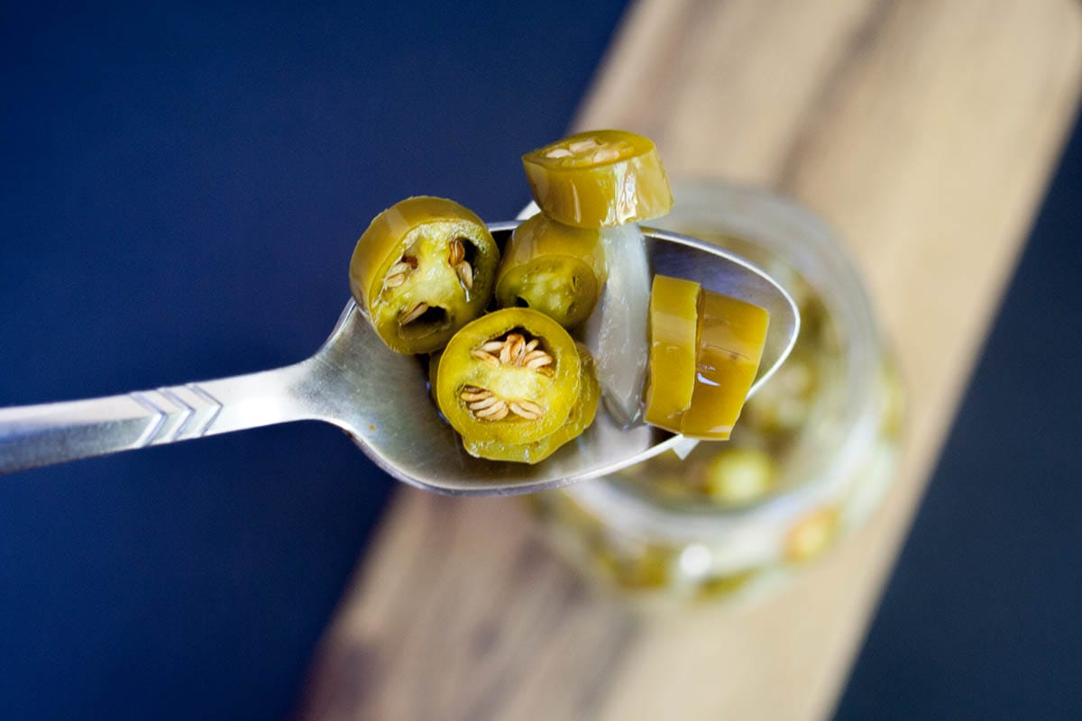 Sugar Free Pickled Peppers and Onions on a spoon.