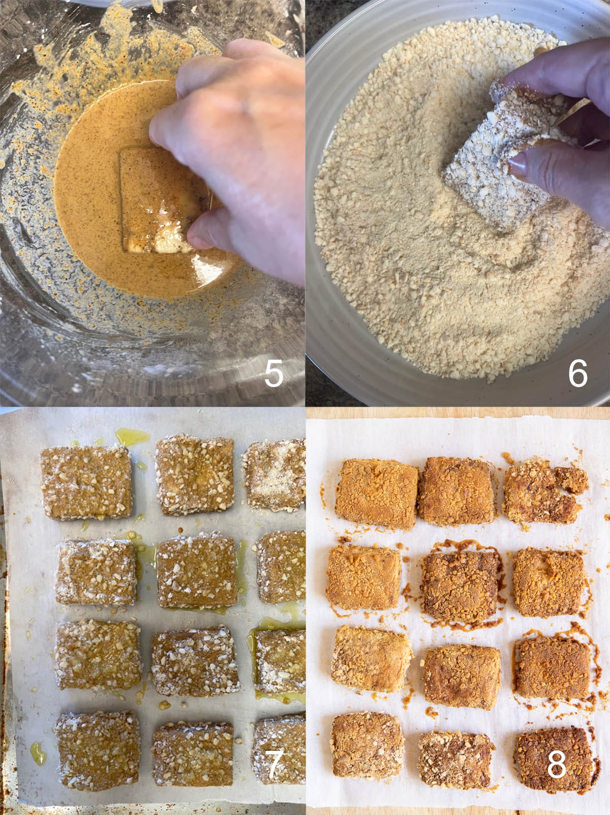 Collage photo of tofu being dipped in batter, then in panko, tofu placed on a parchment lined baking sheet, and baked.