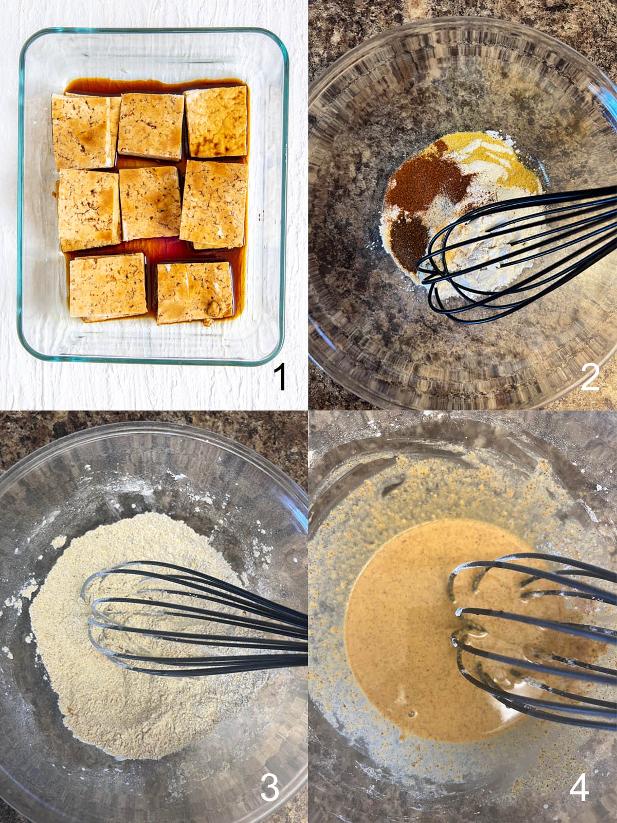 Collage photo with tofu being marinated, dry ingredients in a bowl, then whisked, then wet ingredients added and whisked.