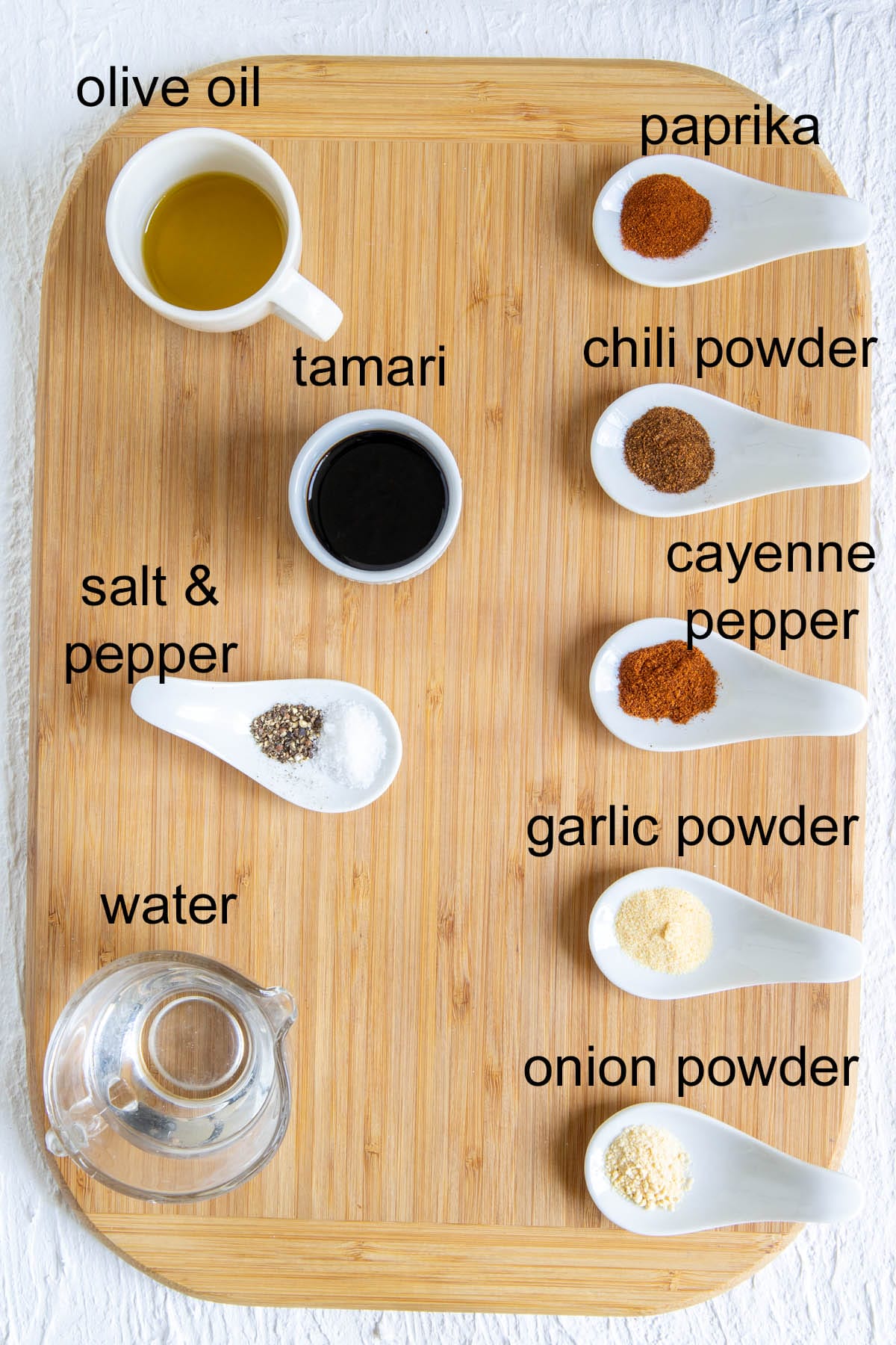 Ingredients on a cutting board with labels.