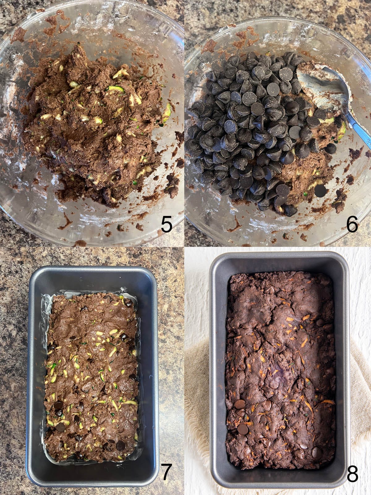 Collage of mixing bowl with batter, then chocolate chips mixed in, then spread in a loaf pan, then baked.