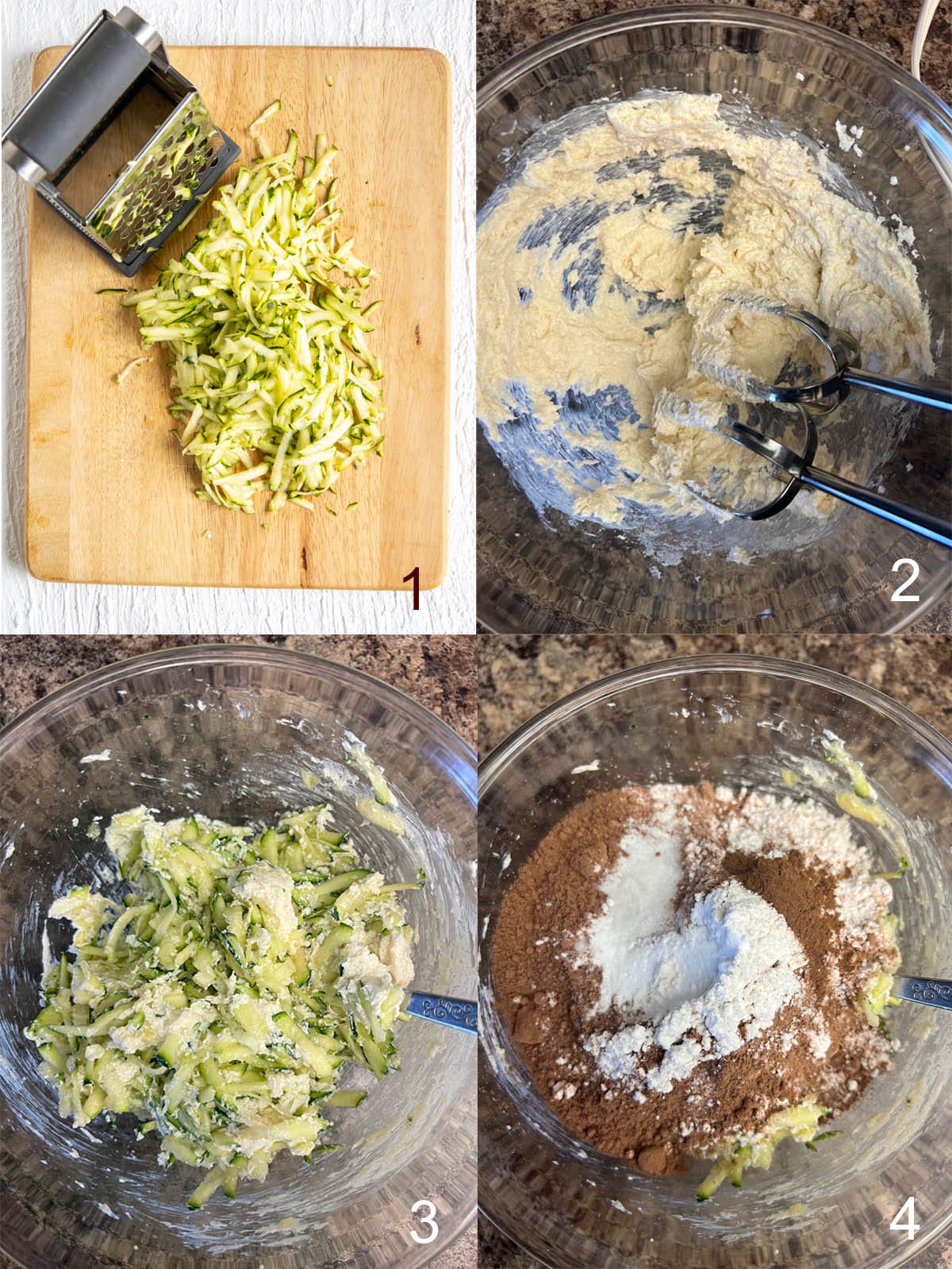 Collage of grated zucchini, mixing bowl with creamed butter and sugar, then zucchini added, then dry ingredients added.