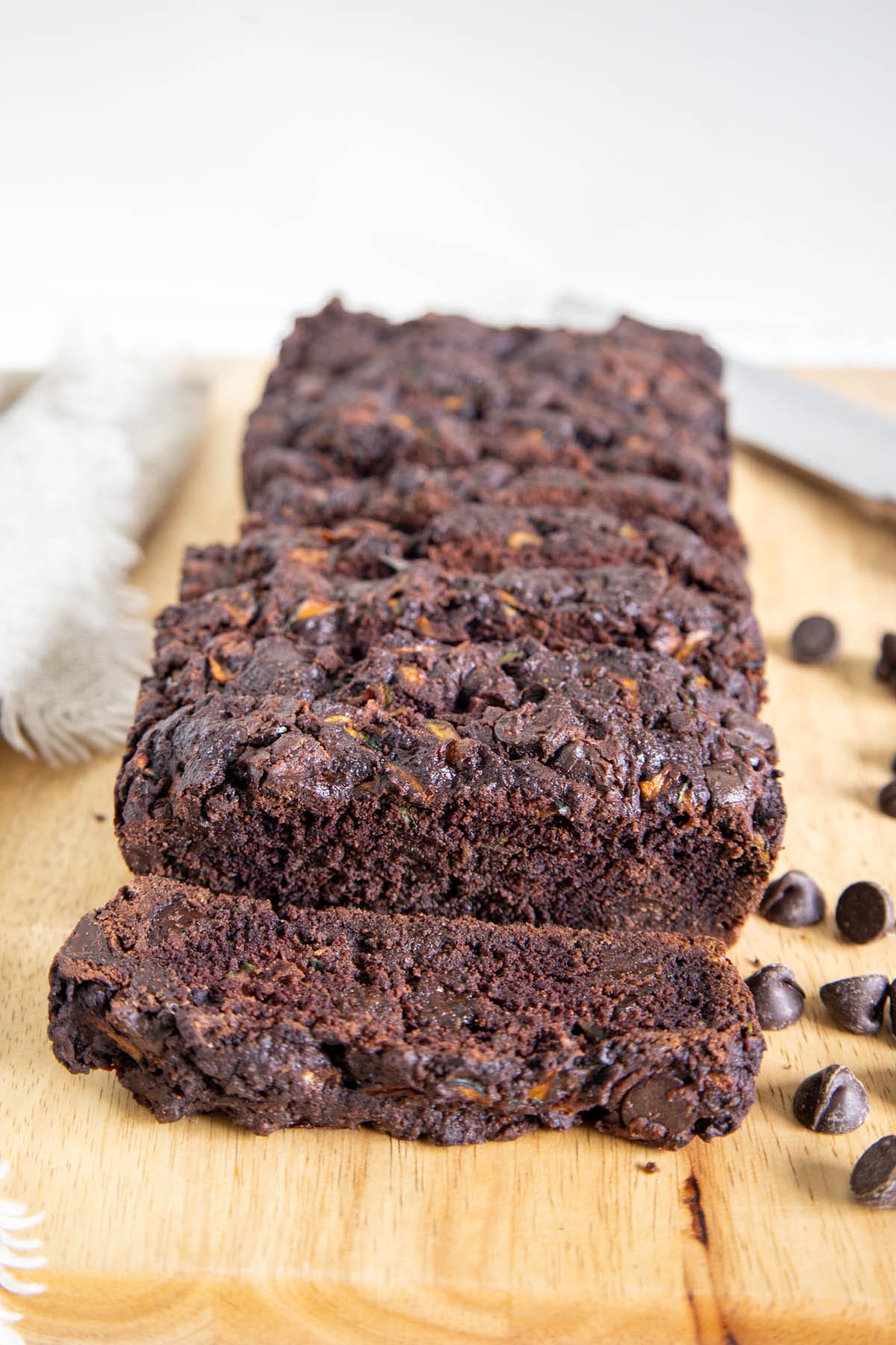 Vegan Chocolate Zucchini Bread on a cutting board.